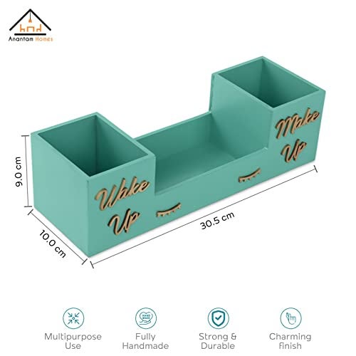 anantam homes 3 Compartment Wakeup Makeup Design Desk Organizer Decorative Caddy Box For Makeup Cosmetics Office Desk Multipurpose Table Storage Stand Accessories With 3 Slots, Wooden (Aqua) - Image 2