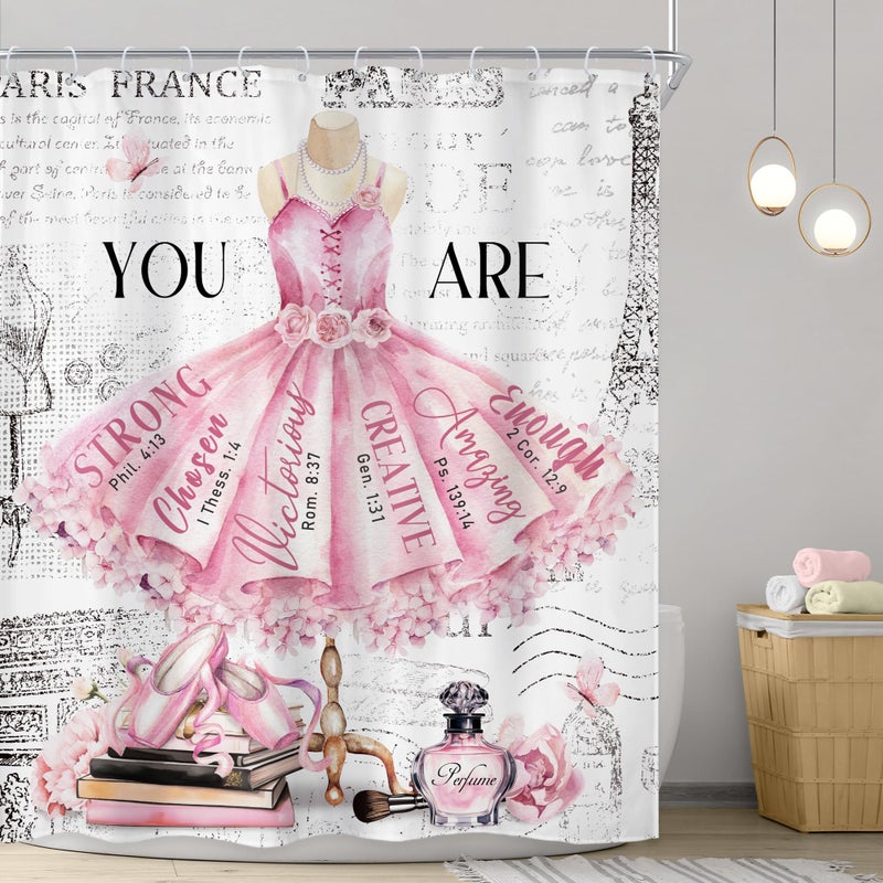 ريديكور رايديكور باليه فستان وردي دش الستار 60Wx72H أزياء أزياء جرلي باريس الحديثة فتاة الباليه التحفيزية ونقلت زهرة العطر كتاب الحمام النسيج البوليستر مقاوم للماء 12 حزمة حزمة - Image 1