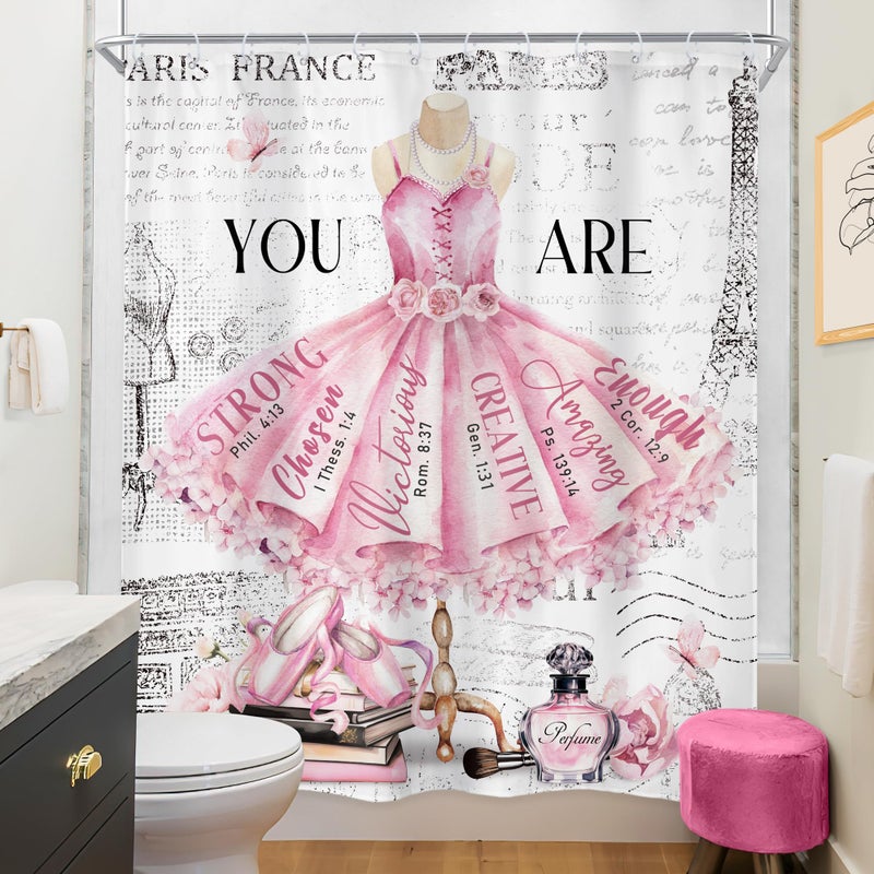 ريديكور رايديكور باليه فستان وردي دش الستار 60Wx72H أزياء أزياء جرلي باريس الحديثة فتاة الباليه التحفيزية ونقلت زهرة العطر كتاب الحمام النسيج البوليستر مقاوم للماء 12 حزمة حزمة - Image 3