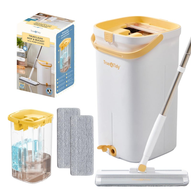 Mop and Bucket Set with Pump System for Home Hands Free Self Cleaning with 3 Compartments to Separate Clean from Dirty Water with 2 Machine Washable Microfiber Mop Pads Patent Pending in Gift Box