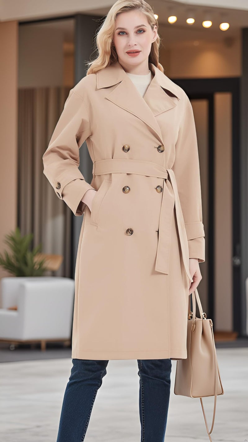 RISISSIDA Trench Coats for Women Long Double Breasted Spring Fall Waterproof Rain Jacket Overcoat Beige X-L - Image 3
