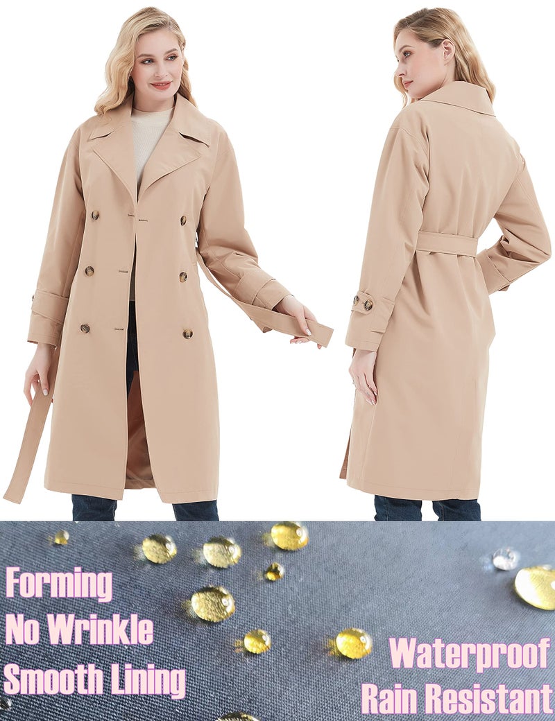 RISISSIDA Trench Coats for Women Long Double Breasted Spring Fall Waterproof Rain Jacket Overcoat Beige X-L - Image 4