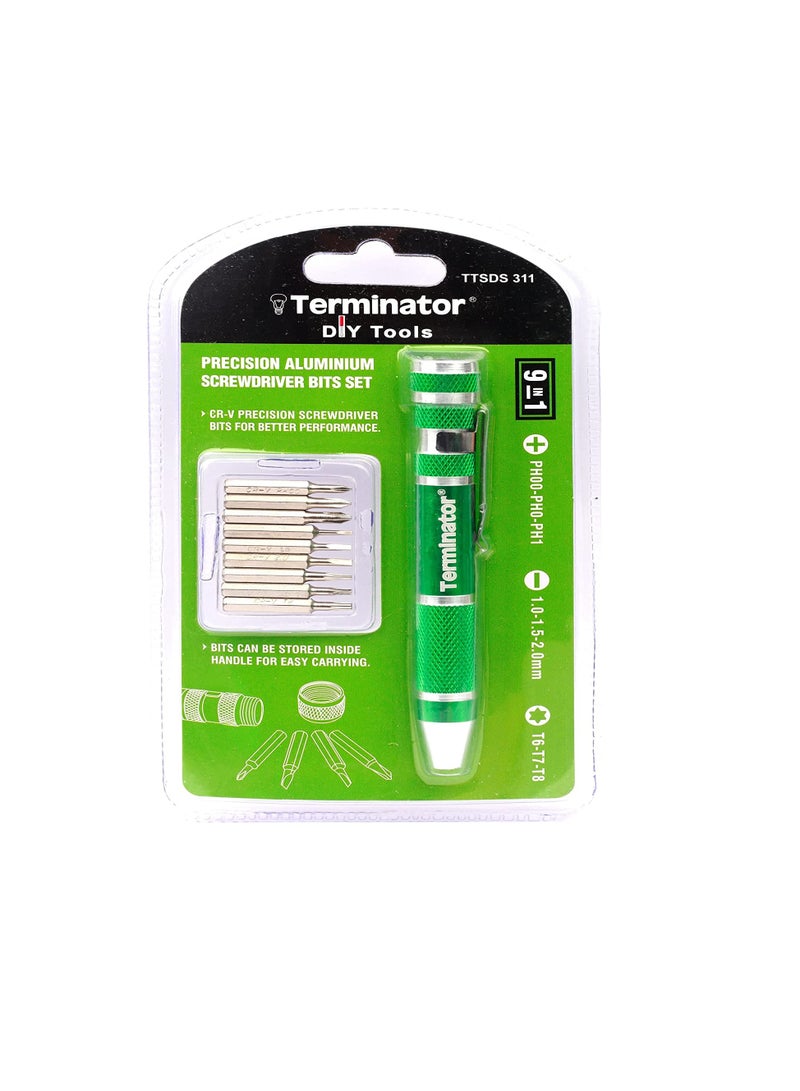 Terminator Terminator Screw Driver Set 9 in 1 (+&-) Mixed Min Heads Detatchable With Pen Type Metal Handle  - Image 1