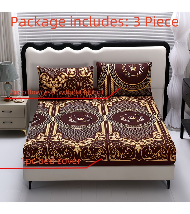 3pcs Fitted Sheet Set Full Size Brushed Skin Friendly Comfortable Geometric Pattern Bedroom Supplies Extract Red 1 Fitted Sheet 2 Pillowcases No Filling - Image 2