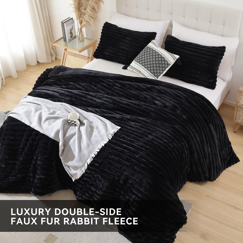 Smoofy Fluffy Full Size Comforter Sets 3 Pieces - Black Fleece Fluffy Comforter Set, Luxury Fuzzy Full Bed Set, Soft Comforter Full Size All Season, Heavy Faux Fur Comforter with 2 Pillow Cases - Image 4