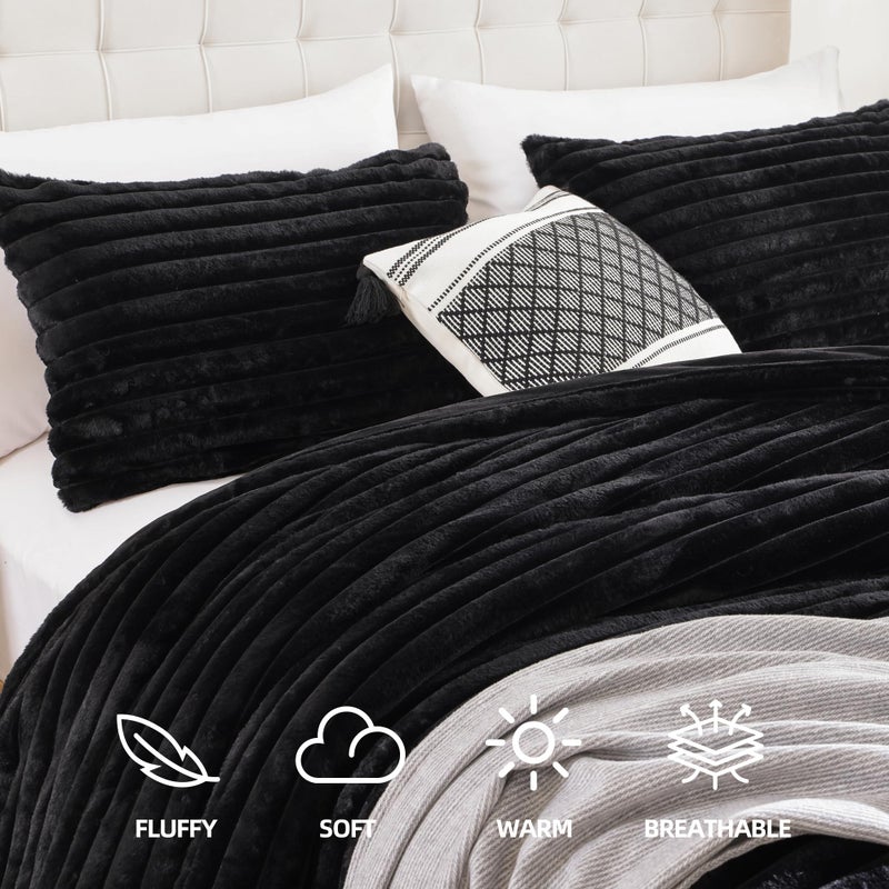 Smoofy Fluffy Full Size Comforter Sets 3 Pieces - Black Fleece Fluffy Comforter Set, Luxury Fuzzy Full Bed Set, Soft Comforter Full Size All Season, Heavy Faux Fur Comforter with 2 Pillow Cases - Image 2