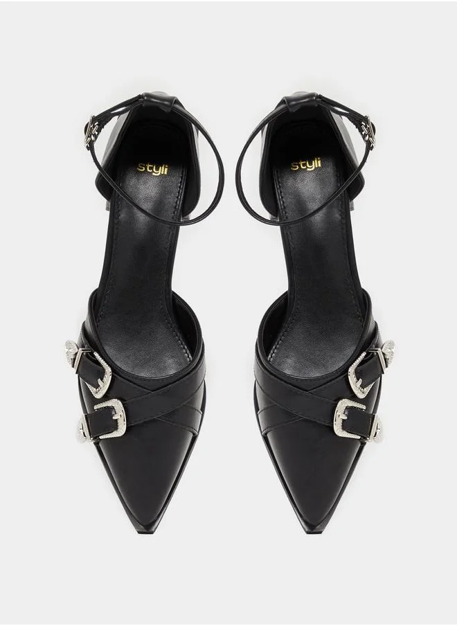 Styli Buckle Accent Ankle Strap Pointed Toe Pumps