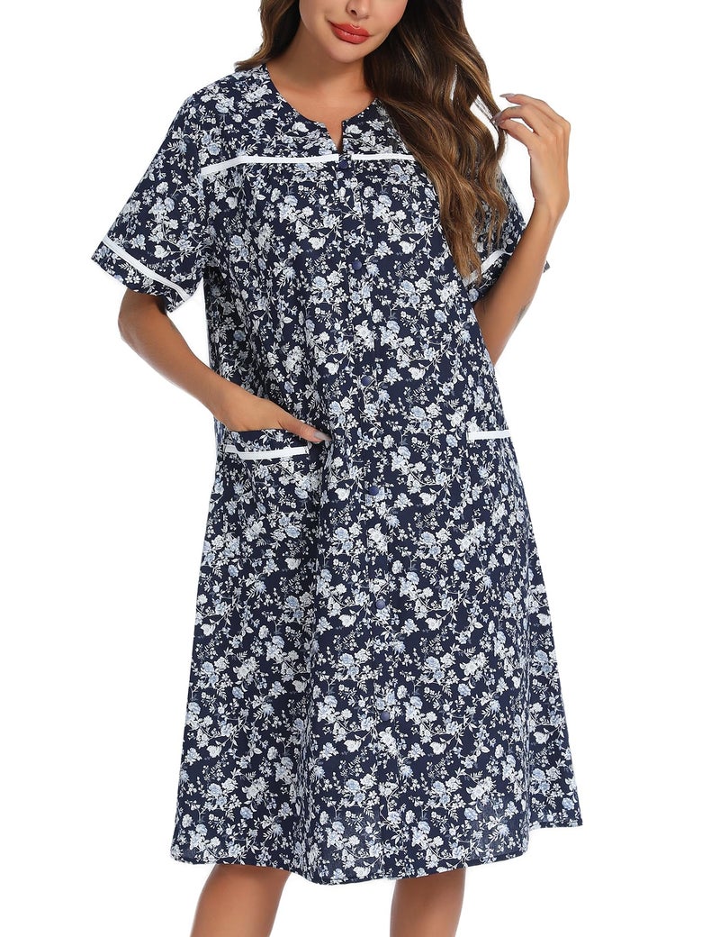 YOZLY House Dress for Women Short Sleeve House Coat Duster Lounger Robe with Pockets, White Floret, XX-Large - Image 2