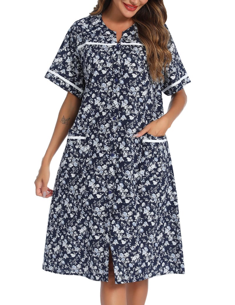 YOZLY House Dress for Women Short Sleeve House Coat Duster Lounger Robe with Pockets, White Floret, XX-Large - Image 3