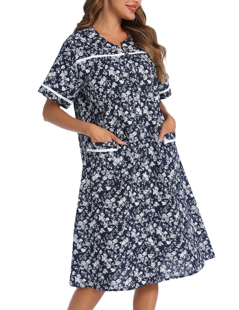 YOZLY House Dress for Women Short Sleeve House Coat Duster Lounger Robe with Pockets, White Floret, XX-Large - Image 4