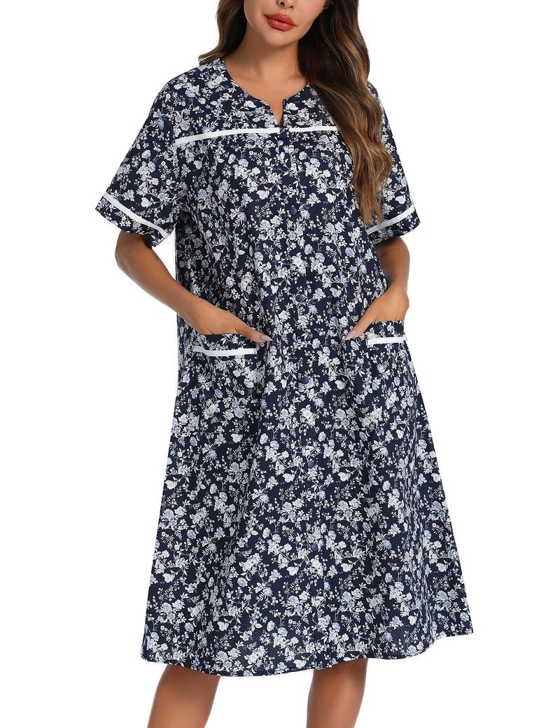 YOZLY House Dress for Women Short Sleeve House Coat Duster Lounger Robe with Pockets, White Floret, XX-Large - Image 1