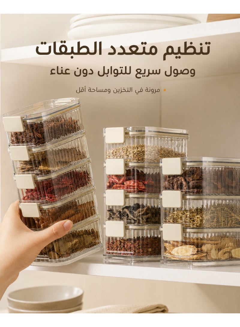 علبة تخزين طعام محكمة الإغلاق، صندوق تخزين توابل قابل للتكديس من ABS مع قفل مزدوج مانع للتسرب، منظم مطبخ 4 طبقات للتوابل والشاي والوجبات الخفيفة والحبوب والأطعمة الجافة، شفاف - Image 5