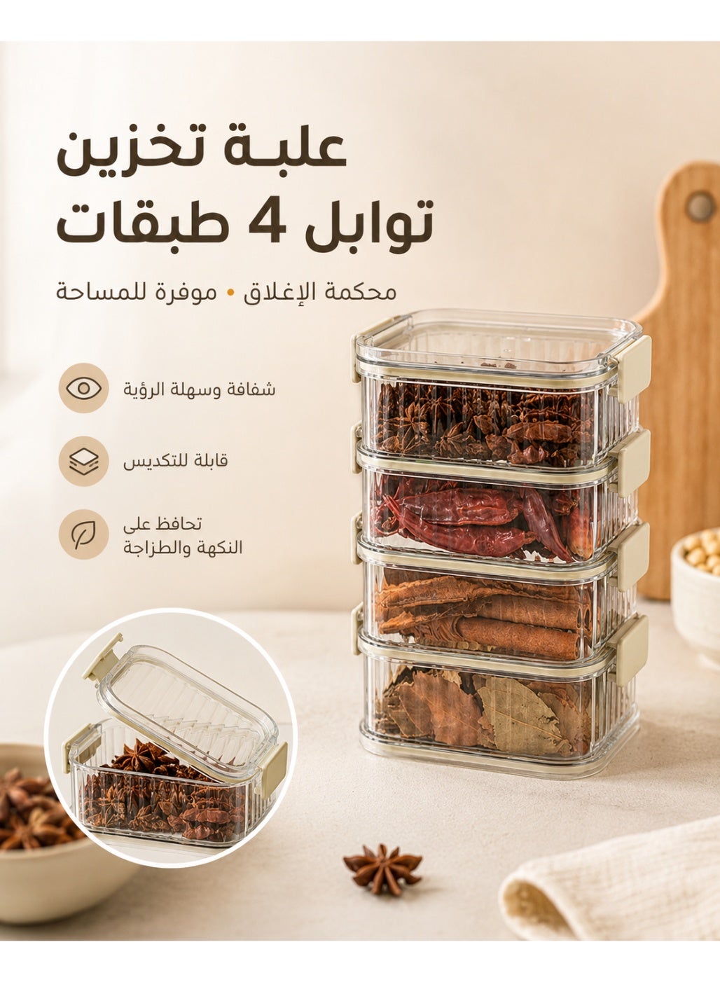 Airtight Food Storage Container, Stackable ABS Spice Storage Box with Double Seal Lock, 4 Layer Kitchen Organizer for Spices Tea Snacks Grains and Dry Food, Clear
