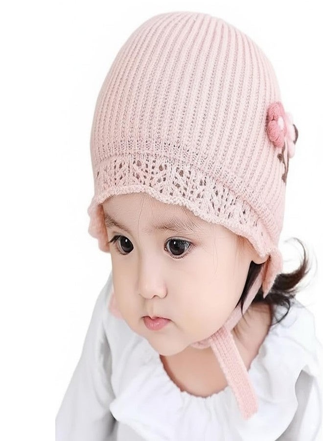 EvoNest Flower Embroidered Knitted Tie Knot Cap for 6-12 Month Kids | Winter Warm Hat Soft Knitted Hood Earflap Cap for Toddlers (Pink) Diameter 48-50 Cms - Image 1