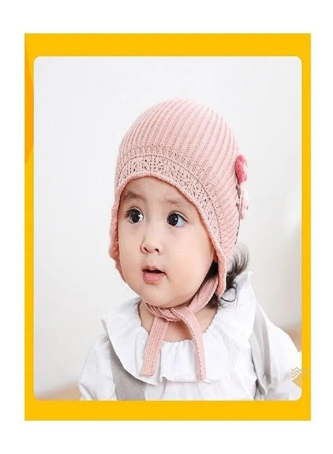 EvoNest Flower Embroidered Knitted Tie Knot Cap for 6-12 Month Kids | Winter Warm Hat Soft Knitted Hood Earflap Cap for Toddlers (Pink) Diameter 48-50 Cms - Image 3