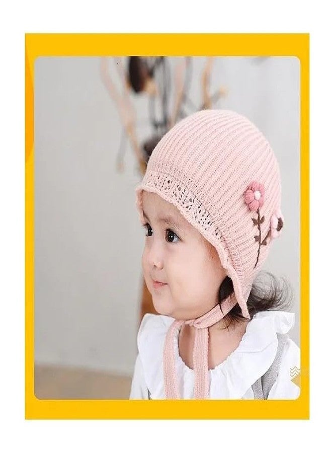 EvoNest Flower Embroidered Knitted Tie Knot Cap for 6-12 Month Kids | Winter Warm Hat Soft Knitted Hood Earflap Cap for Toddlers (Pink) Diameter 48-50 Cms - Image 5