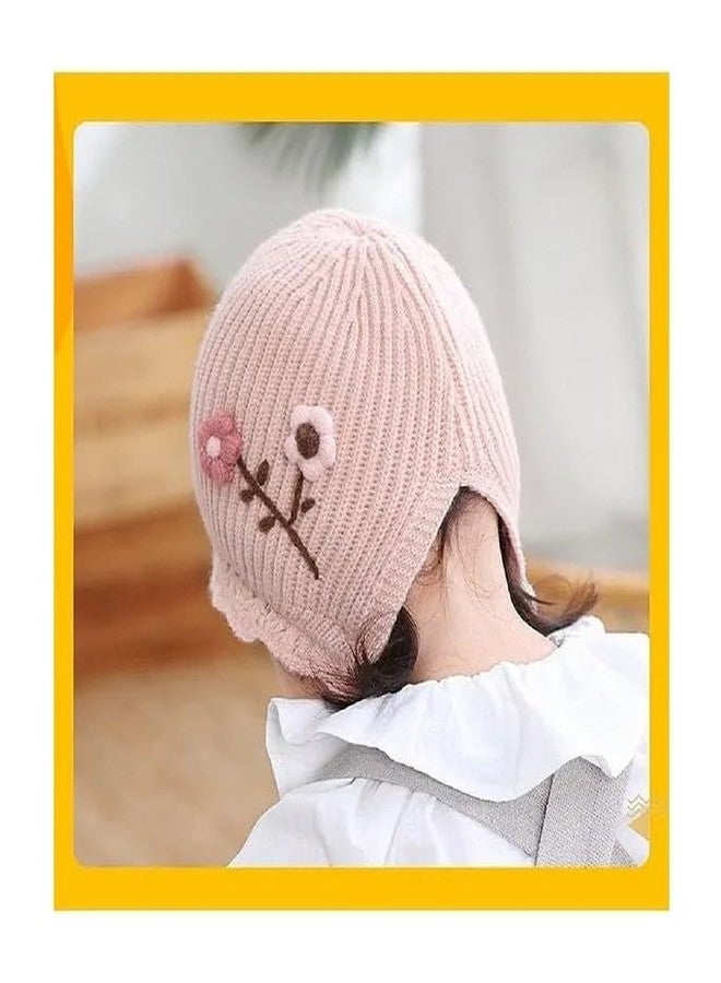EvoNest Flower Embroidered Knitted Tie Knot Cap for 6-12 Month Kids | Winter Warm Hat Soft Knitted Hood Earflap Cap for Toddlers (Pink) Diameter 48-50 Cms - Image 4