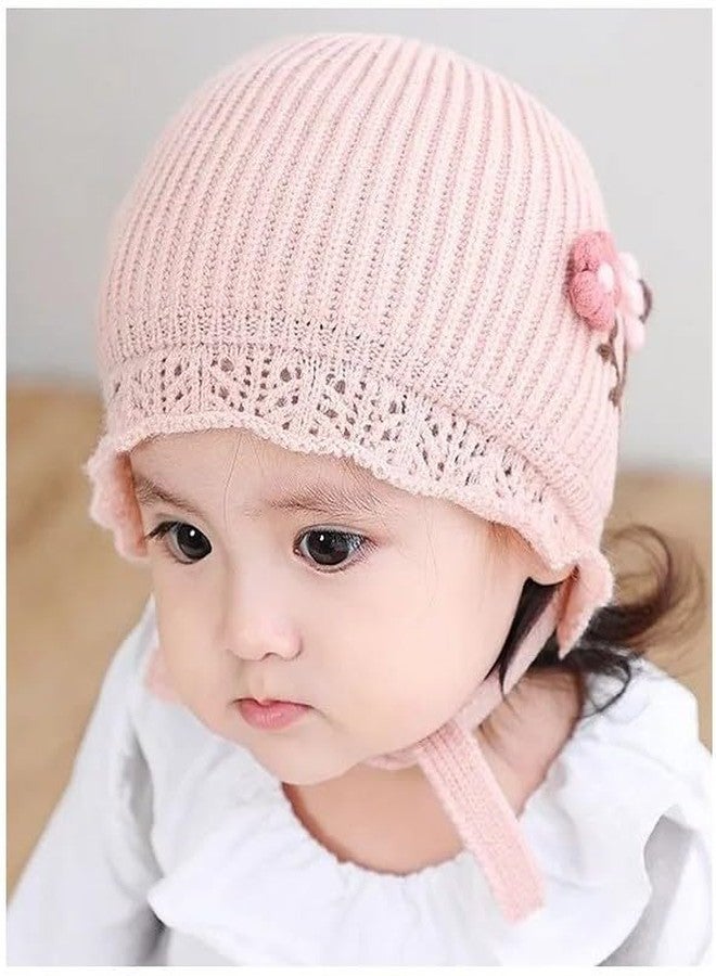 EvoNest Flower Embroidered Knitted Tie Knot Cap for 6-12 Month Kids | Winter Warm Hat Soft Knitted Hood Earflap Cap for Toddlers (Pink) Diameter 48-50 Cms - Image 2