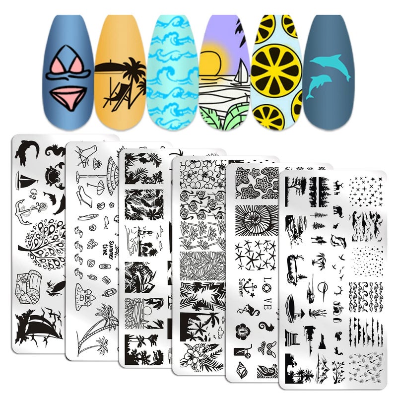 WOKOTO 6Pcs Beach Nail Stamping Kit Seaside Holiday Nail Stamping Plates For Nails Summer Nail Art Stamps Plates Palm Tree Boat Fish Flower Nail Stamp Plates For Nails Designs Stamps For Nail Art