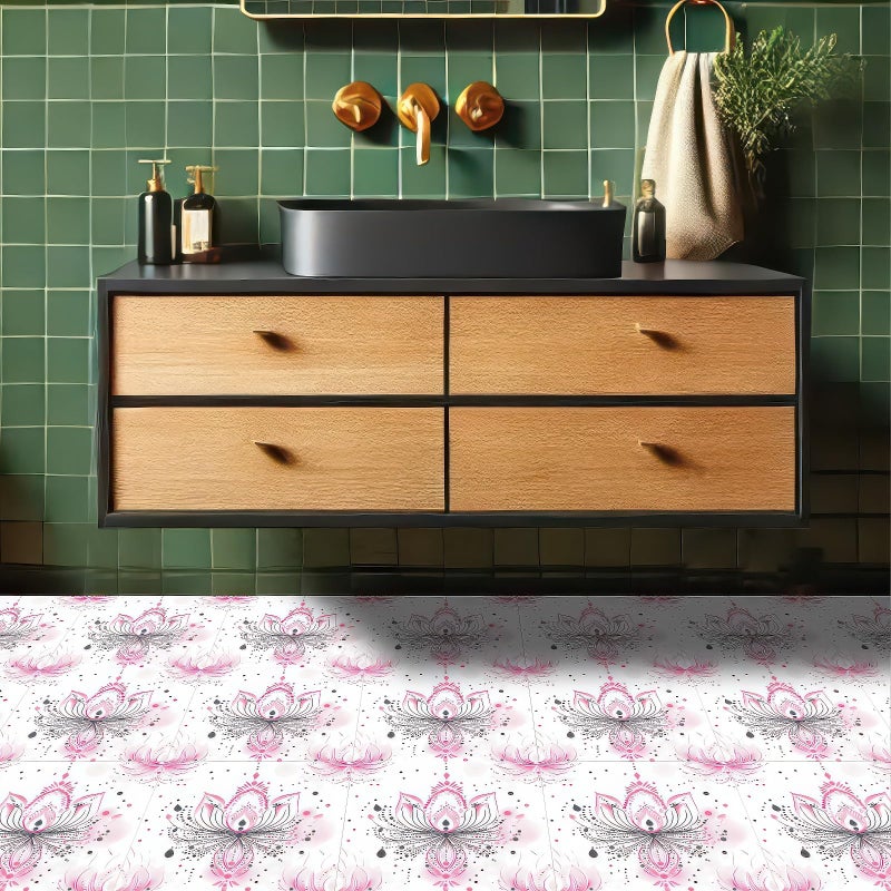 HOMETITUTE 10PCS 12x12 Inch Pink Lotus Mandala Floor Tiles Peel and Stick Removable Self Adhesive DIY Vinyl Flooring Stickers for Kitchen Bathroom Living Room Entryway Home Decor - Image 5
