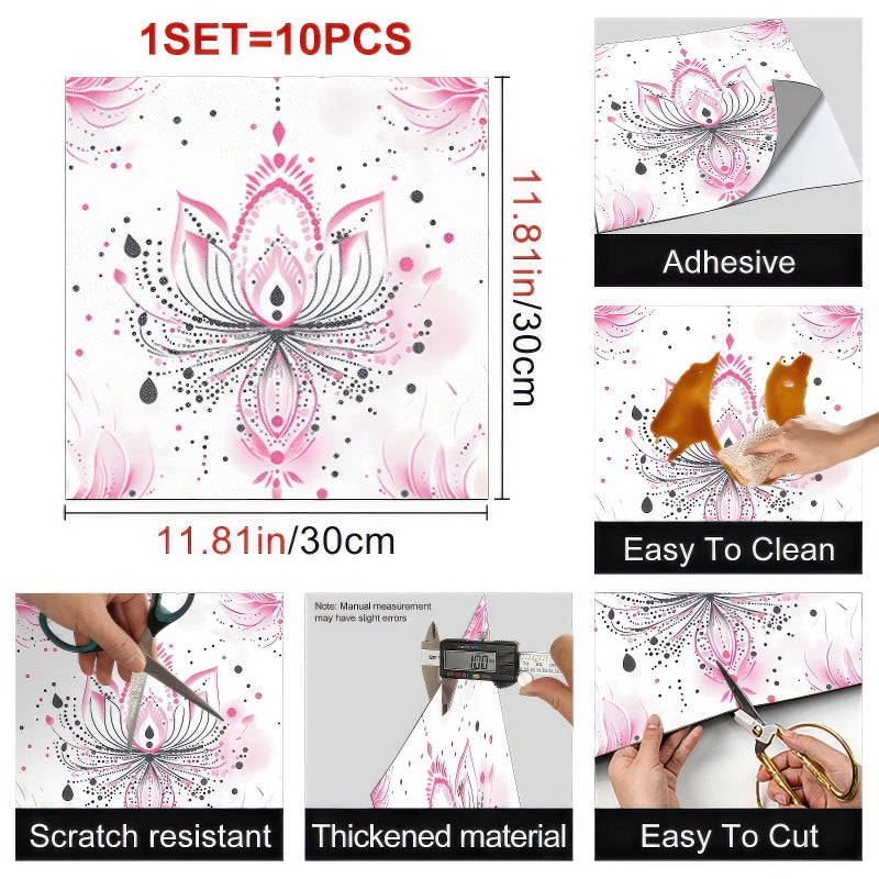 HOMETITUTE 10PCS 12x12 Inch Pink Lotus Mandala Floor Tiles Peel and Stick Removable Self Adhesive DIY Vinyl Flooring Stickers for Kitchen Bathroom Living Room Entryway Home Decor - Image 3