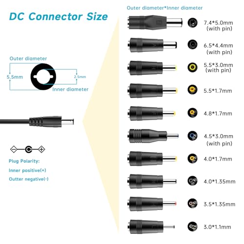 Mareisa 19V DC Power Supply 19V 3.42A Power Adapter for 65W 45W Laptop Monitor Speaker Compatible with Asus/Acer/Gateway/Toshiba Laptop for LG/Acer/Asus Monitor Power Cord with 10tips - Image 2