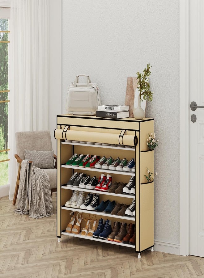 Calmootey 5 Tier Shoe Rack Organizer to Hold 25 Pairs, Portable Shoe Shelf with Nonwoven Fabric Cover for Closet Hallway, Bedroom, Entryway, Beige - Image 2