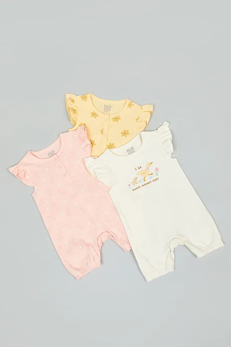 أر أند بي 3 Pack Printed Rompers with Flutter Sleeves