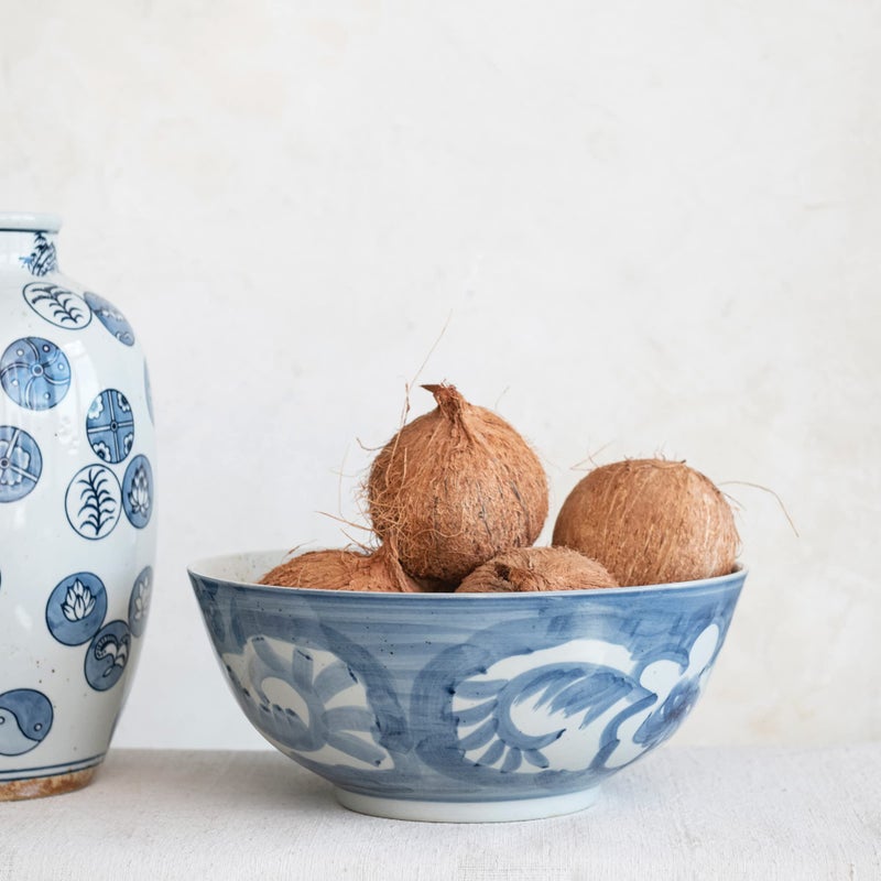 Creative Co-op Hand Painted Stoneware Bowl with Floral Design, Blue and White - Image 2