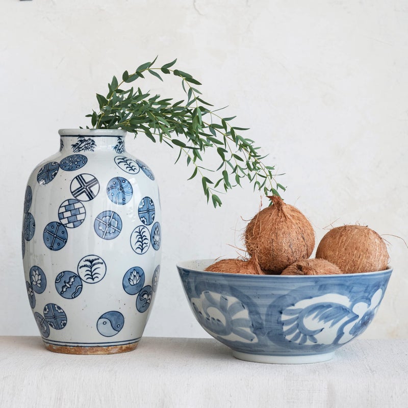 Creative Co-op Hand Painted Stoneware Bowl with Floral Design, Blue and White - Image 3