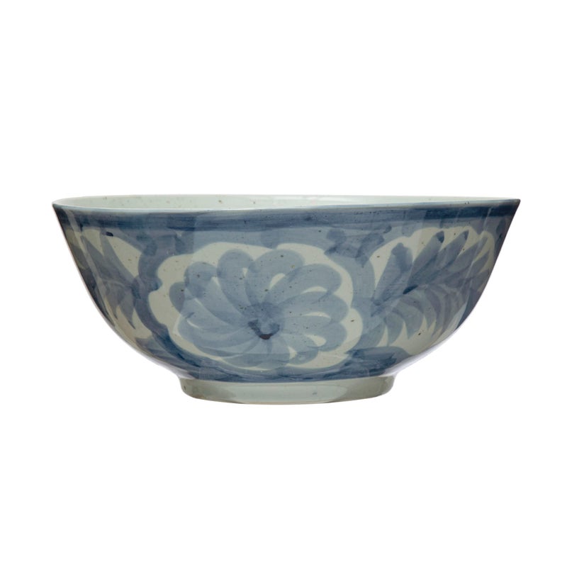 Creative Co-op Hand Painted Stoneware Bowl with Floral Design, Blue and White - Image 1