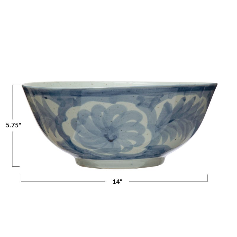 Creative Co-op Hand Painted Stoneware Bowl with Floral Design, Blue and White - Image 5