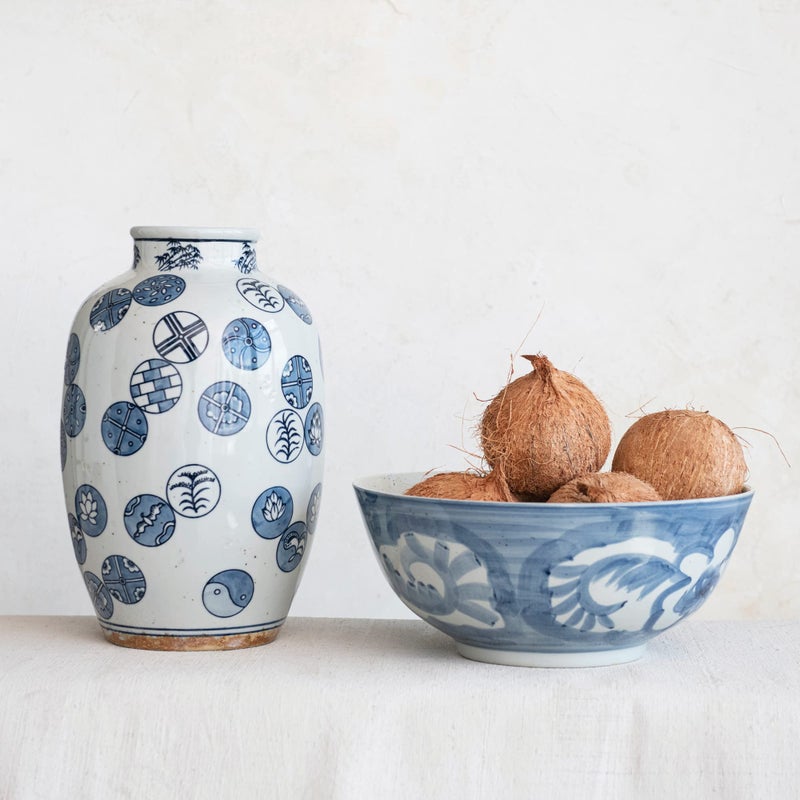 Creative Co-op Hand Painted Stoneware Bowl with Floral Design, Blue and White - Image 4