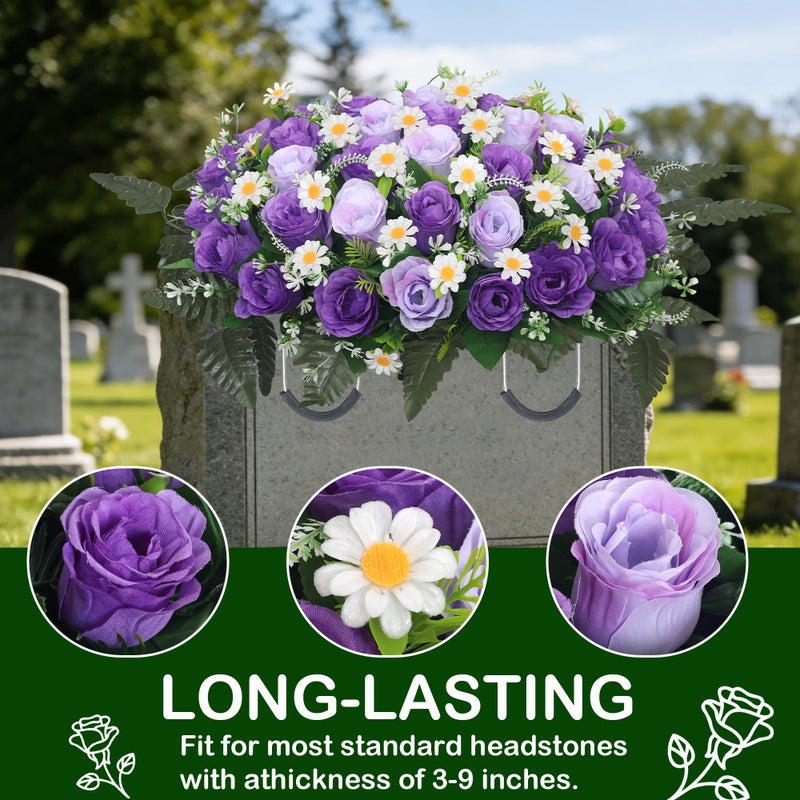 Wocst Headstone Flower Saddle,Large Artificial Cemetery Flowers for Grave Artificial Roses Daisy Saddle for Cemetery Headstone (Purple) - Image 3