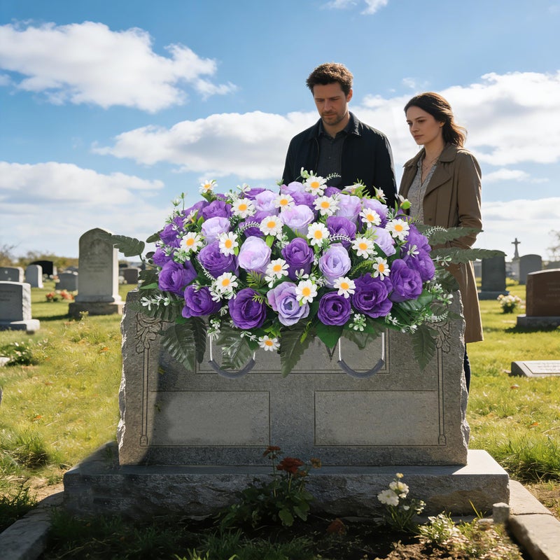 Wocst Headstone Flower Saddle,Large Artificial Cemetery Flowers for Grave Artificial Roses Daisy Saddle for Cemetery Headstone (Purple) - Image 2