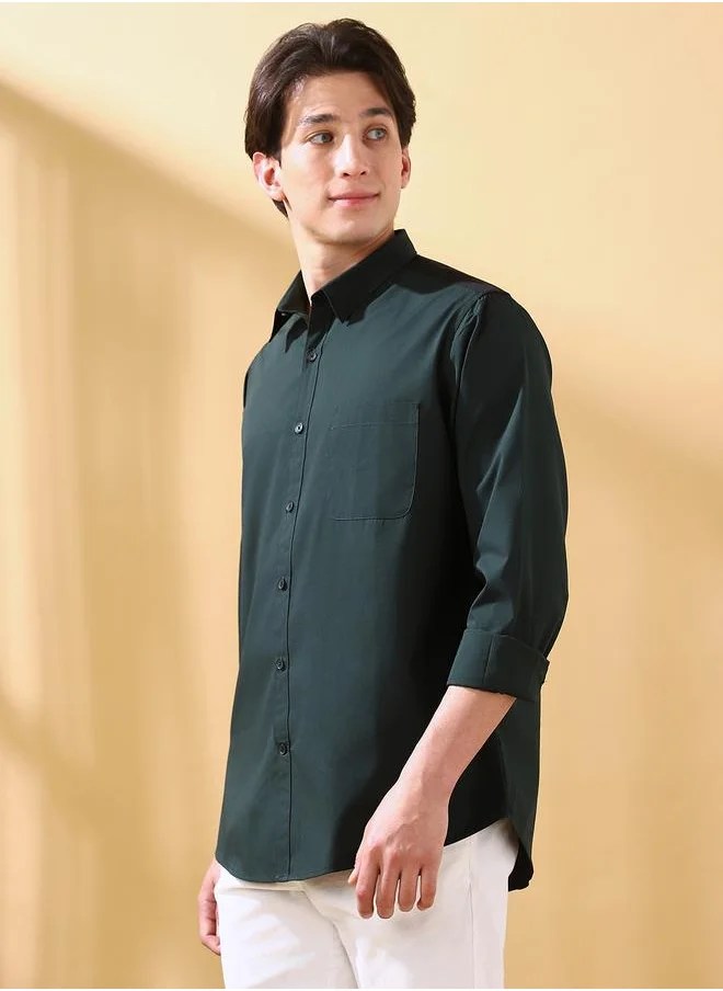 Dennis Lingo Men's Bottle Green Cotton Blend Solid Button Down Regular Fit Shirt
