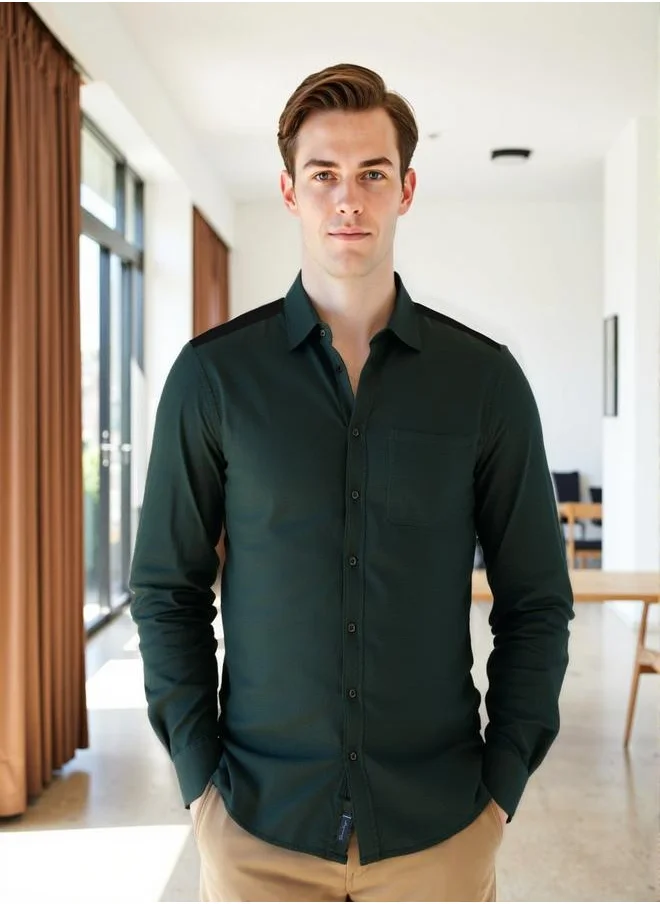 دينيس لينغو Men's Bottle Green Cotton Blend Solid Button Down Regular Fit Shirt