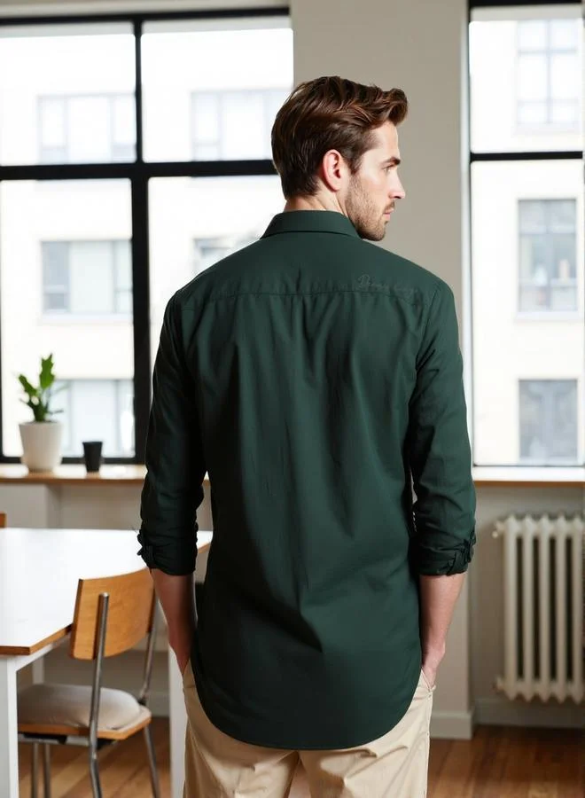 Dennis Lingo Men's Bottle Green Cotton Blend Solid Button Down Regular Fit Shirt