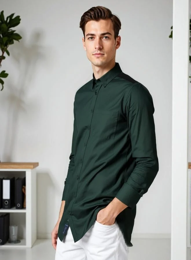 Dennis Lingo Men's Bottle Green Cotton Blend Solid Button Down Regular Fit Shirt