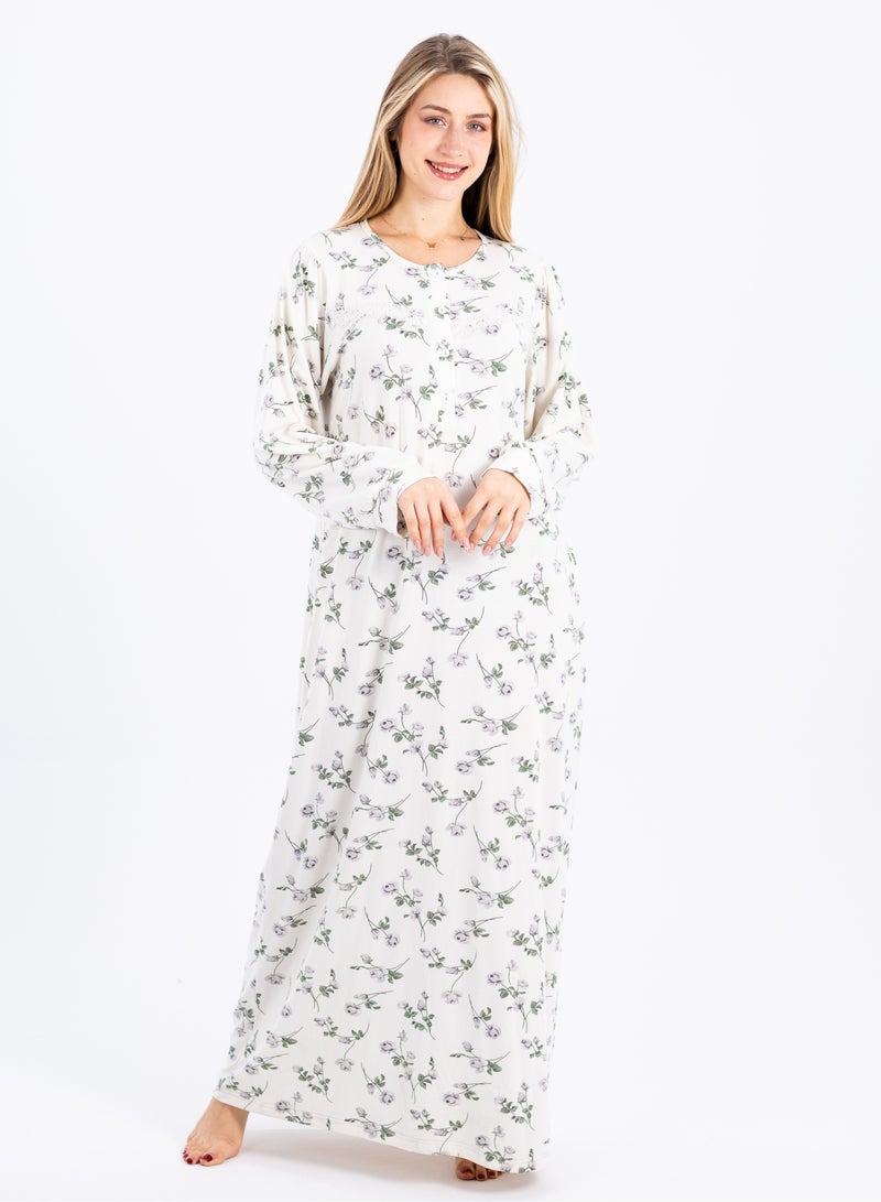 zecotex  Summer Maxi Abaya | White Viscose Long Nightgown with Floral Print & Long Sleeves | Elegant & Lightweight Dress | Ultimate Comfort Women's Homewear  - Image 1