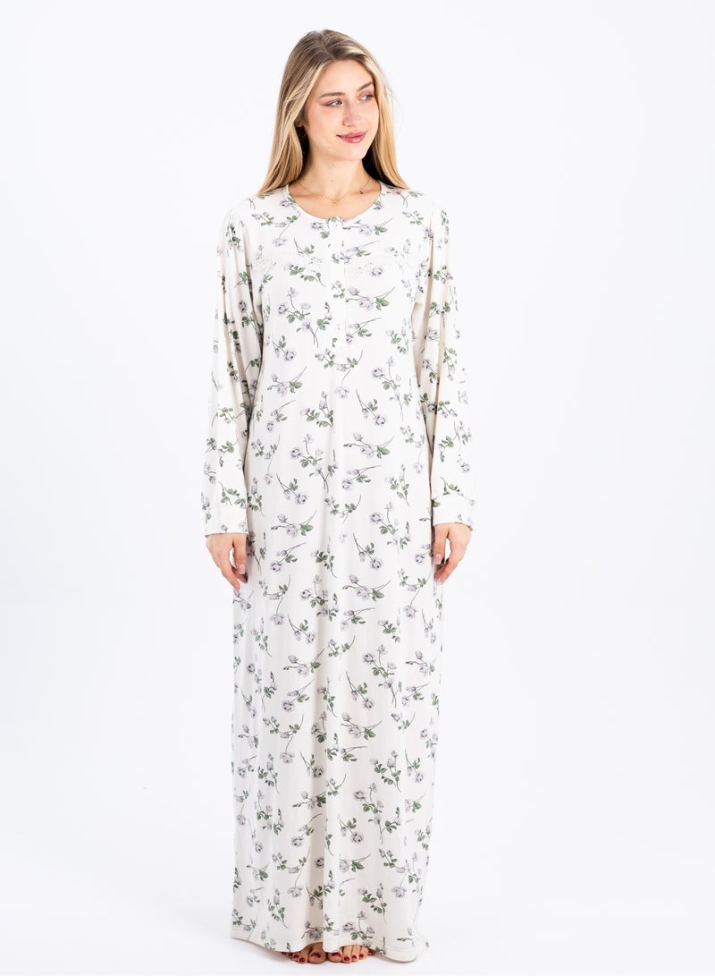 zecotex  Summer Maxi Abaya | White Viscose Long Nightgown with Floral Print & Long Sleeves | Elegant & Lightweight Dress | Ultimate Comfort Women's Homewear  - Image 2