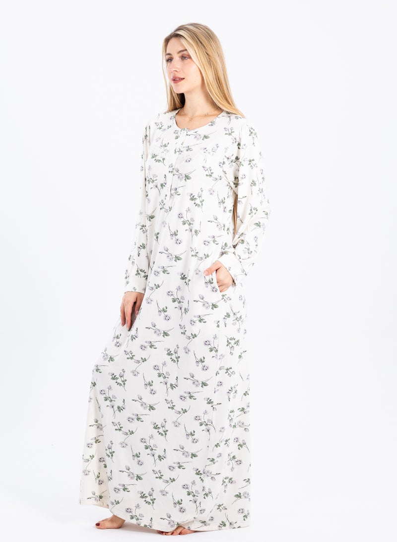 zecotex  Summer Maxi Abaya | White Viscose Long Nightgown with Floral Print & Long Sleeves | Elegant & Lightweight Dress | Ultimate Comfort Women's Homewear  - Image 3