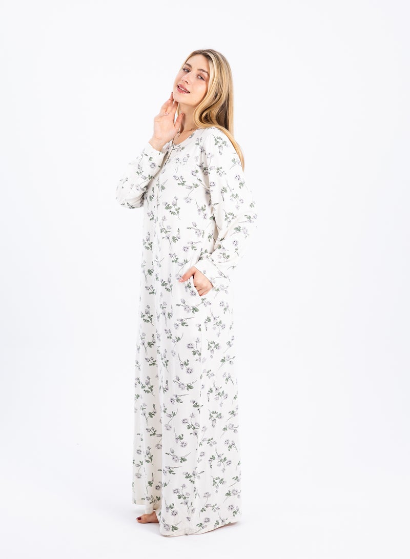 zecotex  Summer Maxi Abaya | White Viscose Long Nightgown with Floral Print & Long Sleeves | Elegant & Lightweight Dress | Ultimate Comfort Women's Homewear  - Image 4