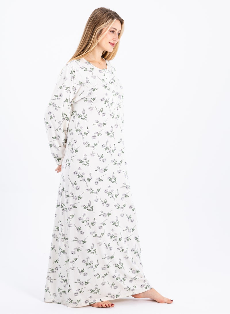 zecotex  Summer Maxi Abaya | White Viscose Long Nightgown with Floral Print & Long Sleeves | Elegant & Lightweight Dress | Ultimate Comfort Women's Homewear  - Image 5