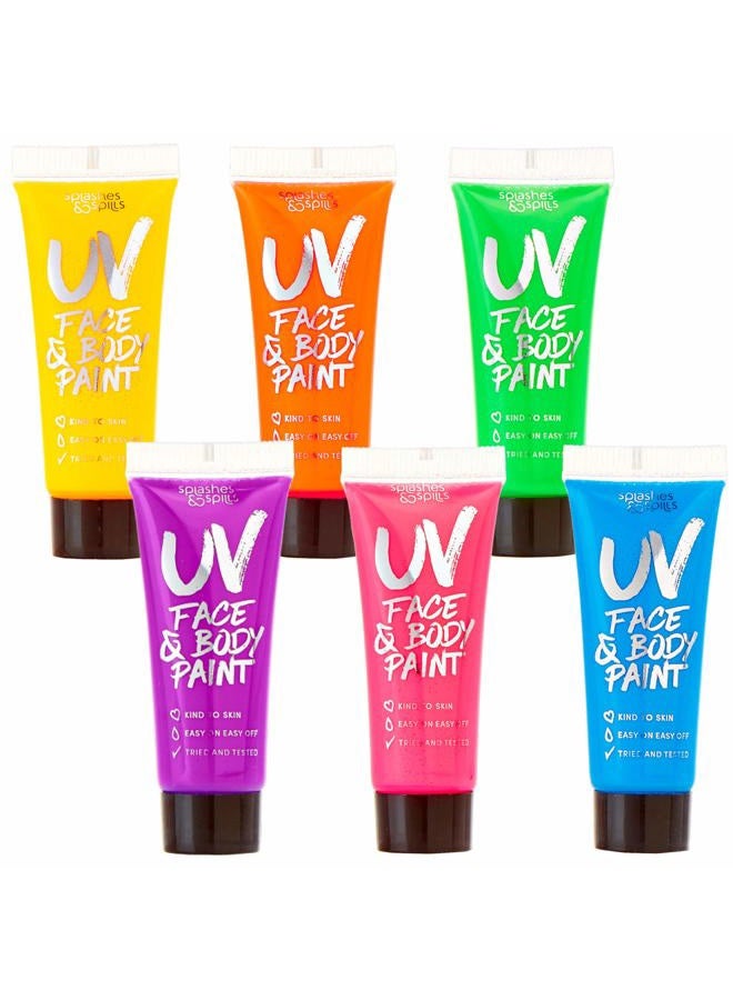 Splashes & Spills UV Face and Body Paint 10ml - 6 Pack - Neon Glow in the Dark Body Paint for Adults - Non Toxic, Vivid UV Reactive Makeup for Blacklight Parties & Events, Moisturizing Formula, by Splashes & Spills - Image 1