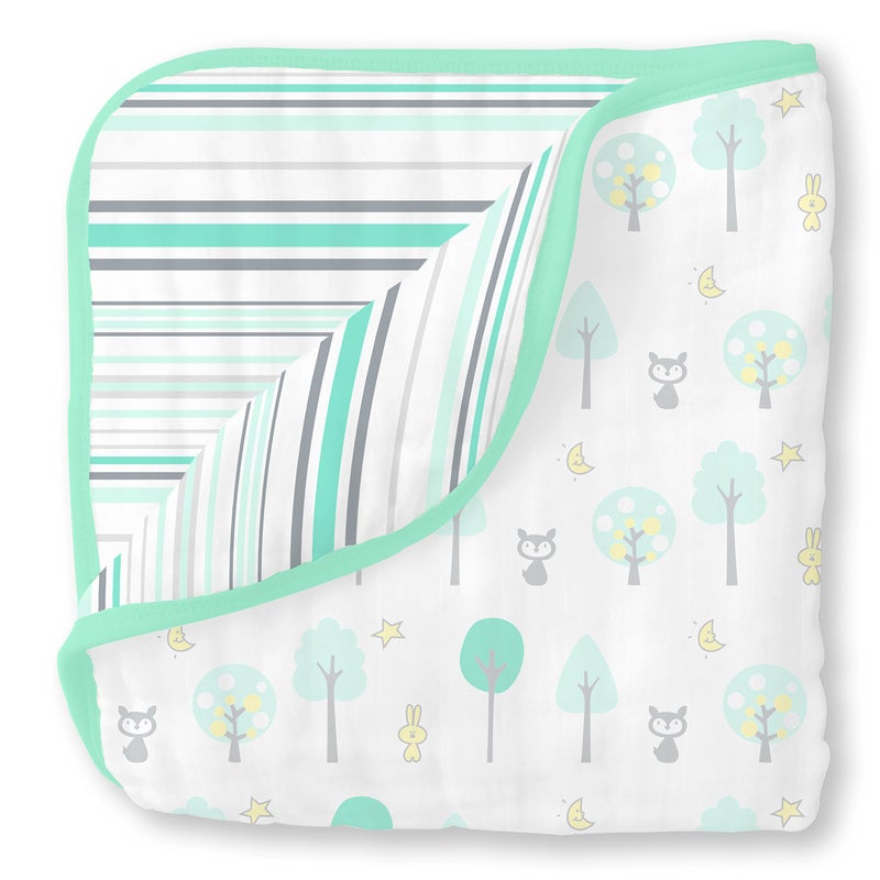 SwaddleDesigns 4Layer Cotton Muslin Luxe Blanket Baby and Toddler Cuddle and Dream 46x46 inches Green Woodland and Stripes