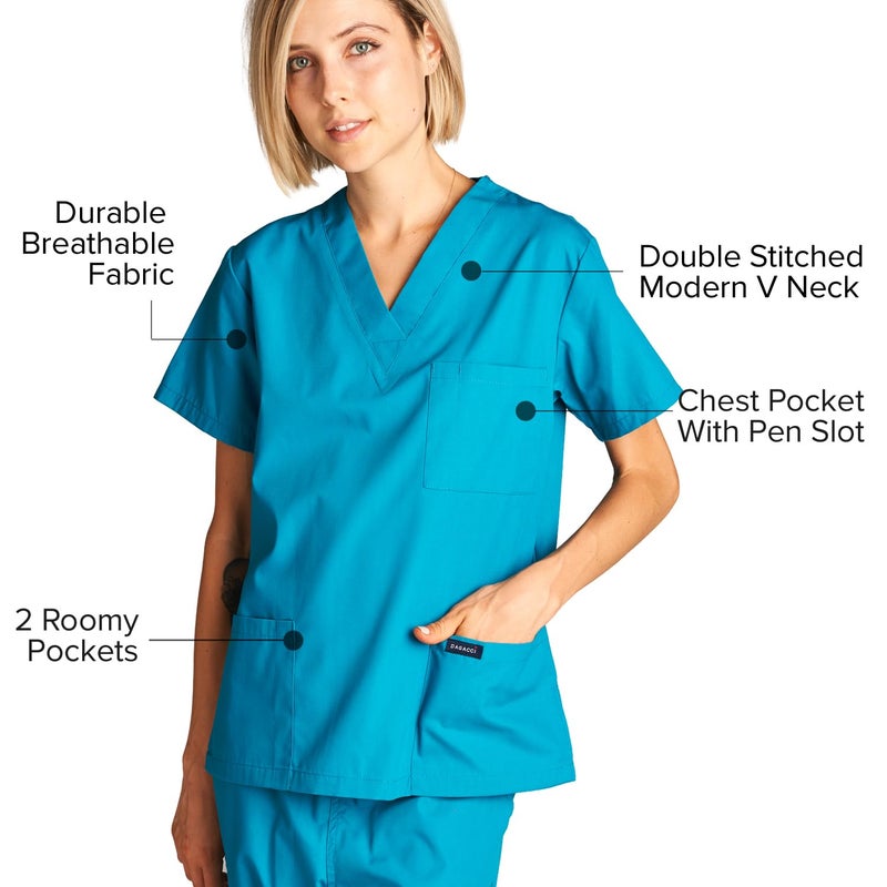 Dagacci Medical Uniform Womens and Mens Scrub Set Unisex Medical Scrub Shirt Top and Pant, Turquoise, Small - Image 4