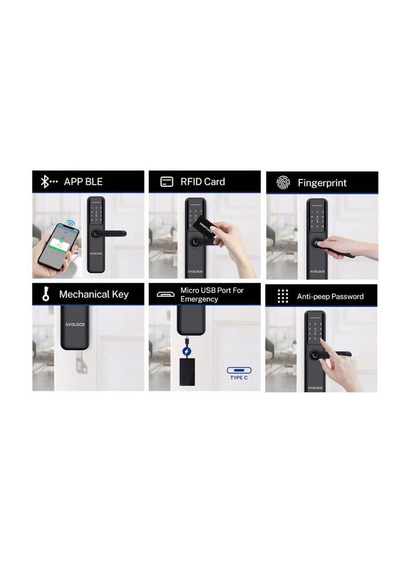areb - AREB SMART LOCK WIFI BLACK 85 * 50 – 5 Unlocking Methods Fingerprint PIN Code App Control Key Card Emergency Key Auto Lock Anti Theft Security for Home Office - Image 1