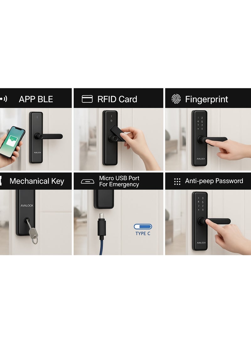 areb - AREB SMART LOCK WIFI BLACK 85 * 50 – 5 Unlocking Methods Fingerprint PIN Code App Control Key Card Emergency Key Auto Lock Anti Theft Security for Home Office - Image 1