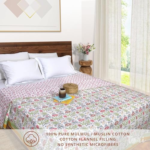 TOAIArt Premium Jaipuri Dohar | AC Blanket Summer Quilt | Hand Block Printed | 3 Layers | Reversible | 150GSM 100% Mulmul Cotton | 100% Cotton Flannel Filling | Queen 90" X 108" | Spring Floral - Image 2